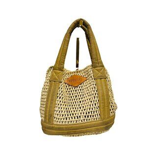 MZ Wallace Womens Raffia Mini Tote in the Camel colorway Quilted Leather Accents